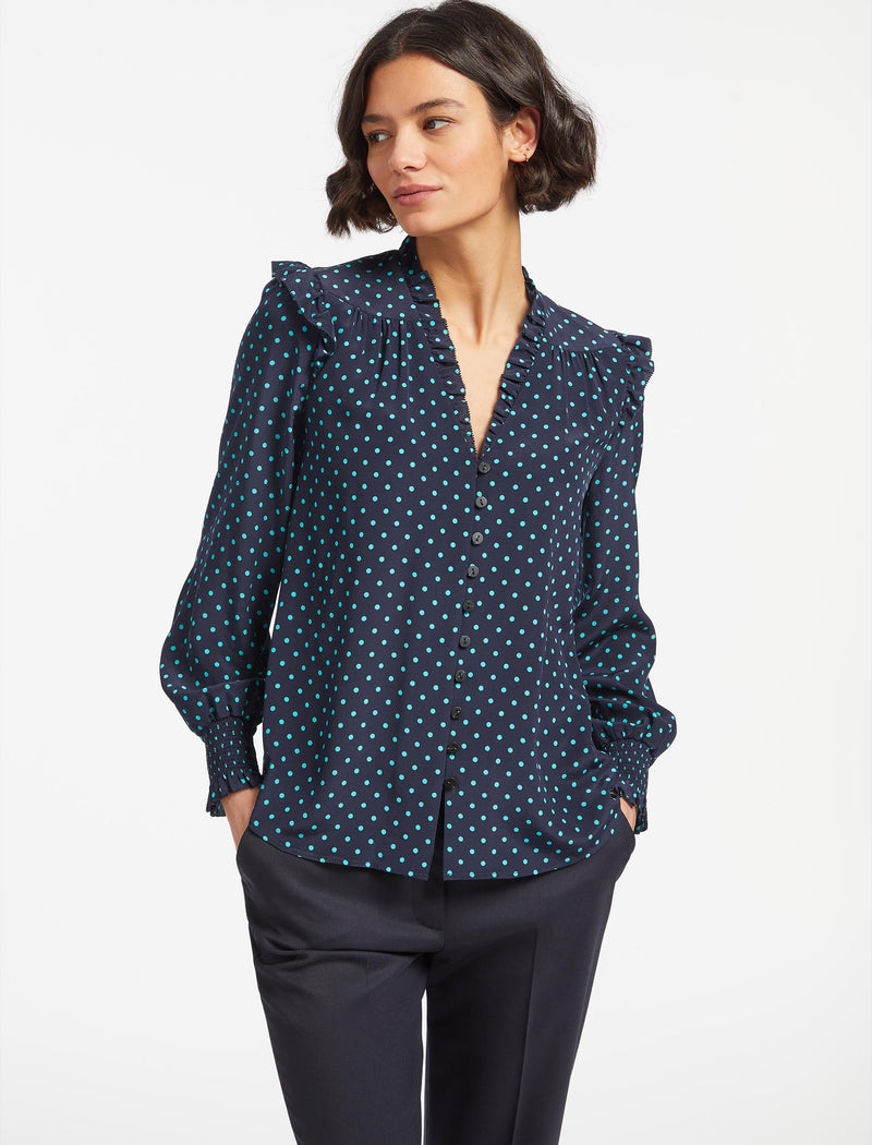 Stella Silk Shirt - Navy Turquoise Polka Dot