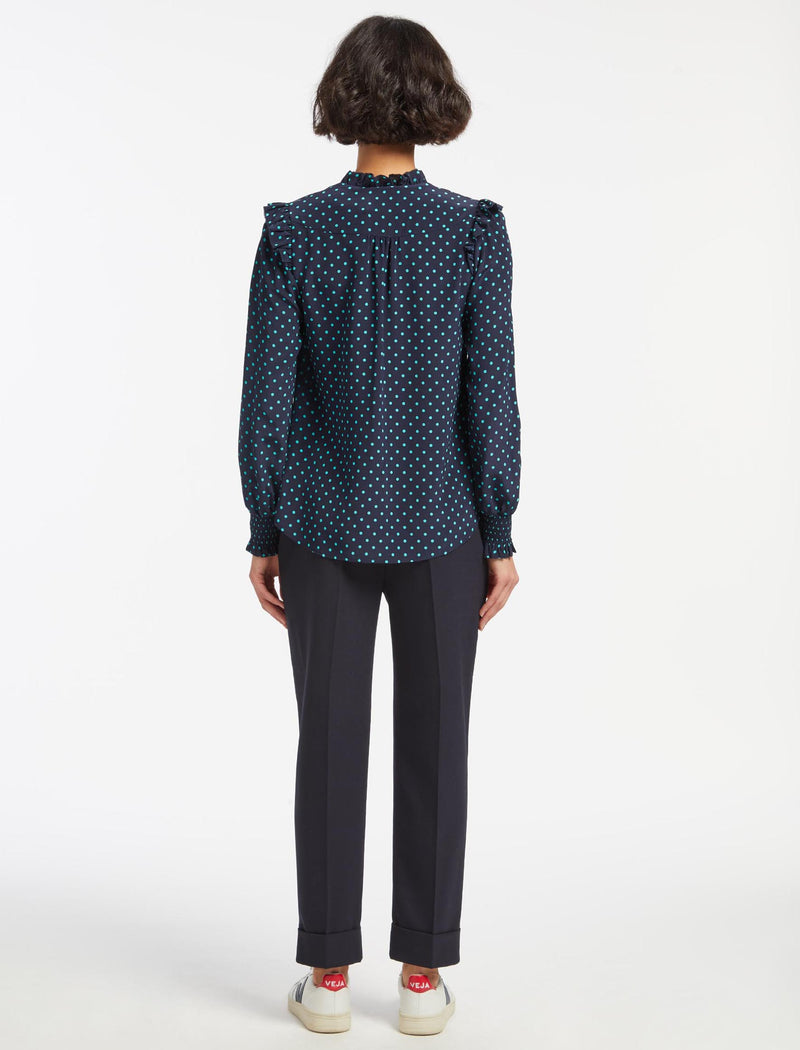 Stella Silk Shirt - Navy Turquoise Polka Dot