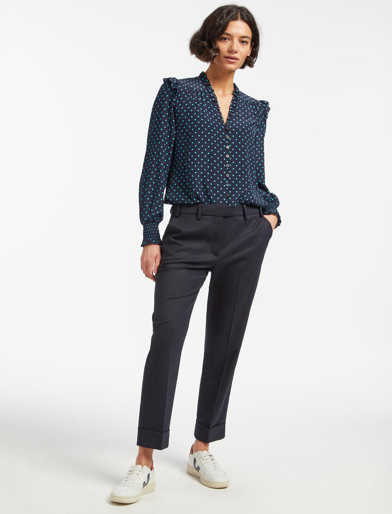 Stella Silk Shirt - Navy Turquoise Polka Dot