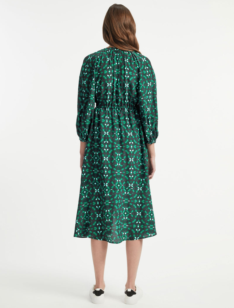 Heidi Silk Collarless Gathered Maxi Silk Shirt Dress in Green