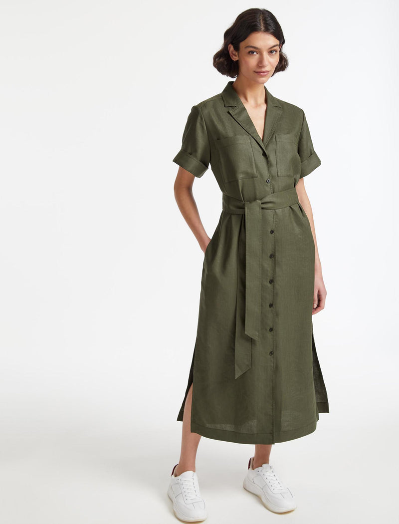 Lennox Utility Short Sleeve V Neck Maxi Shirt Dress in Khaki