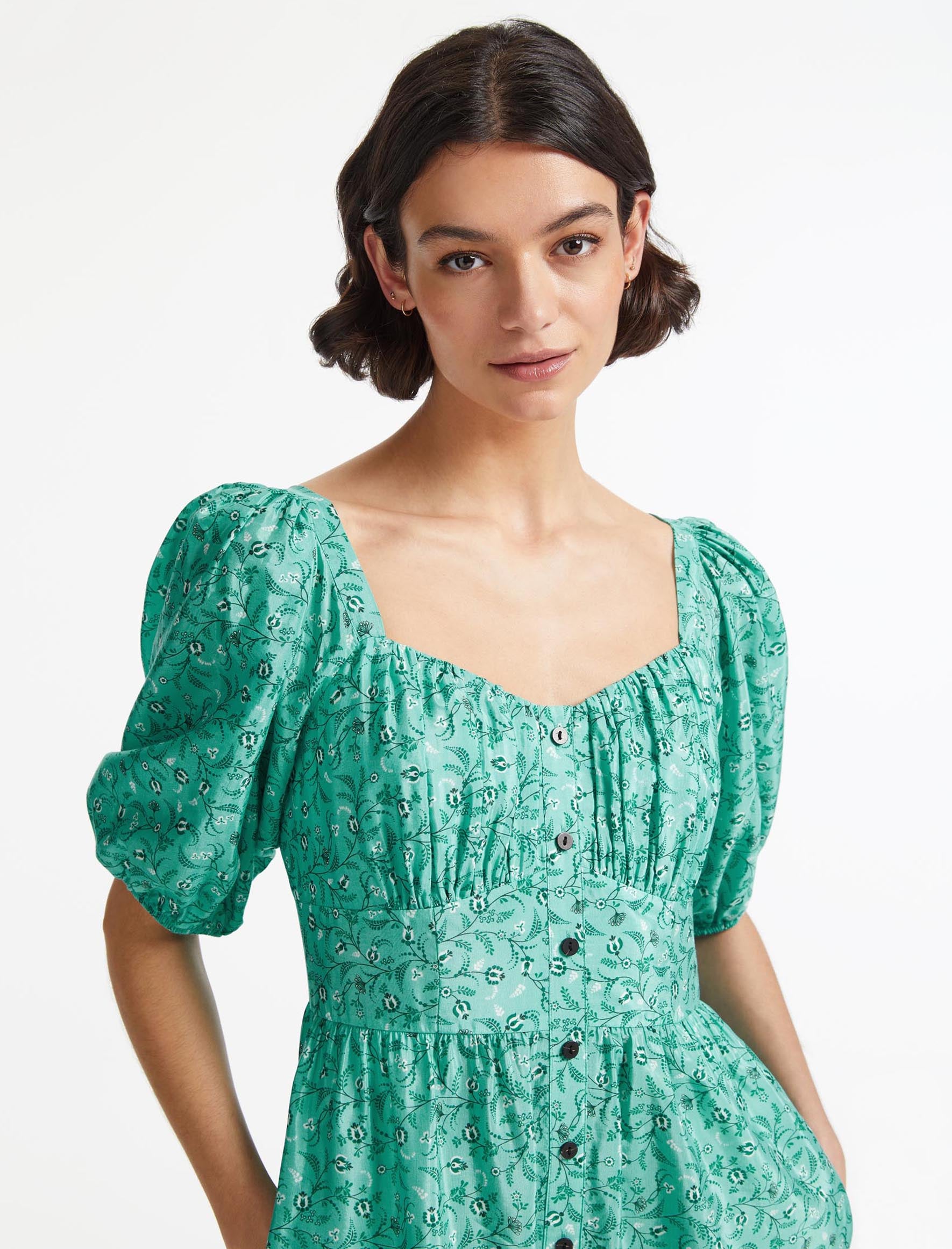 Paloma Short Sleeve Midi Dress with Ruched Bodice in Green Trailing ...