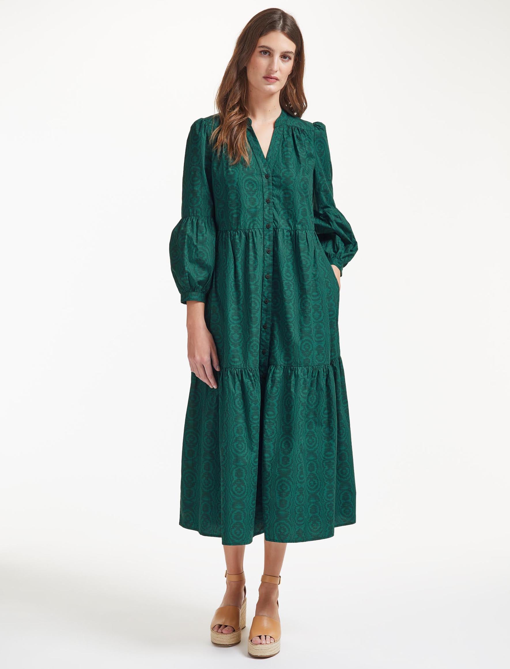Alice V Neck Gathered Blouson Sleeve Organic Cotton Maxi Shirt Dress in ...