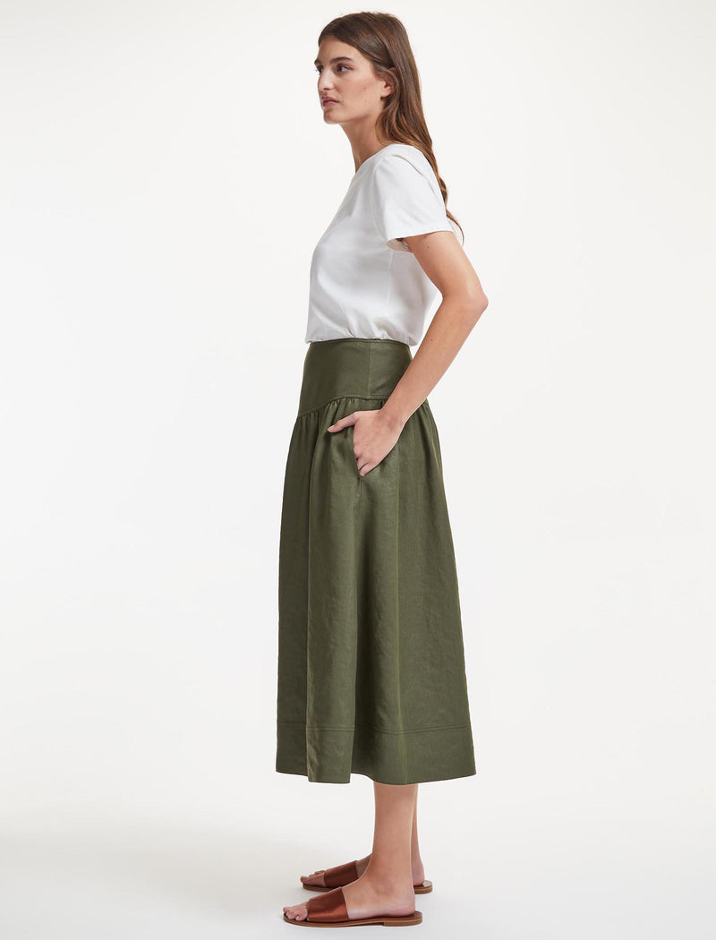 Lyla Yoke Detail Gathered Midi Skirt in Khaki