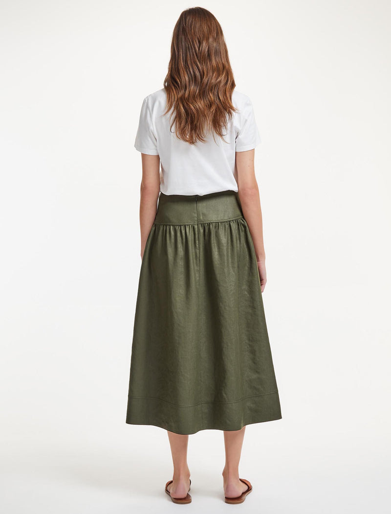 Lyla Yoke Detail Gathered Midi Skirt in Khaki