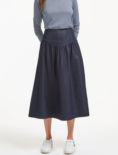 Lyla Yoke Detail Gathered Midi Skirt in Navy