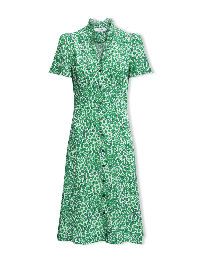 Tabby Silk Dress - White Green Leopard Pansy Print