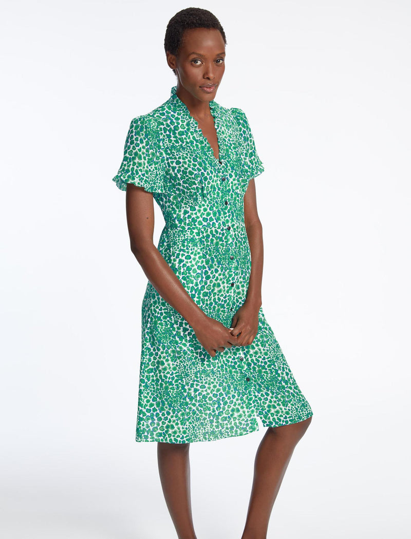 Tabby Silk Dress - White Green Leopard Pansy Print