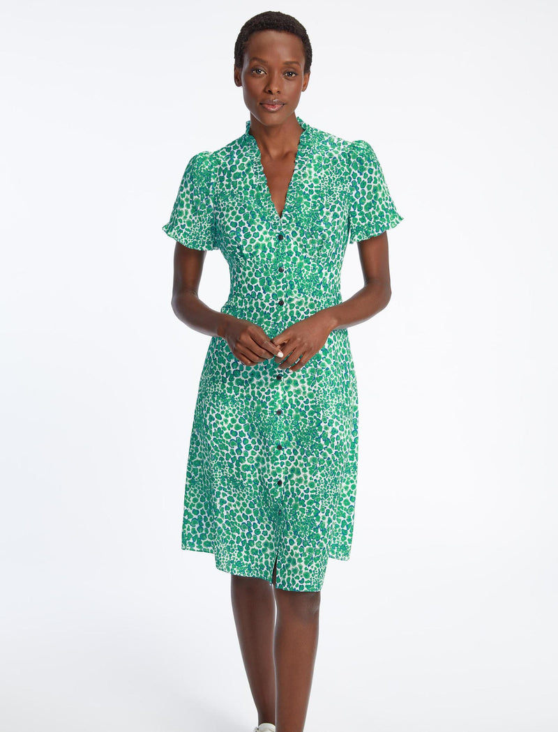 Tabby Silk Dress - White Green Leopard Pansy Print