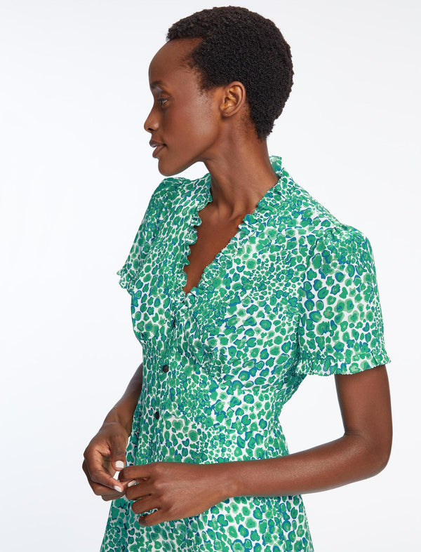Tabby Silk Dress - White Green Leopard Pansy Print