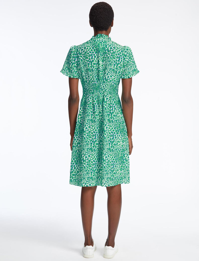 Tabby Silk Dress - White Green Leopard Pansy Print