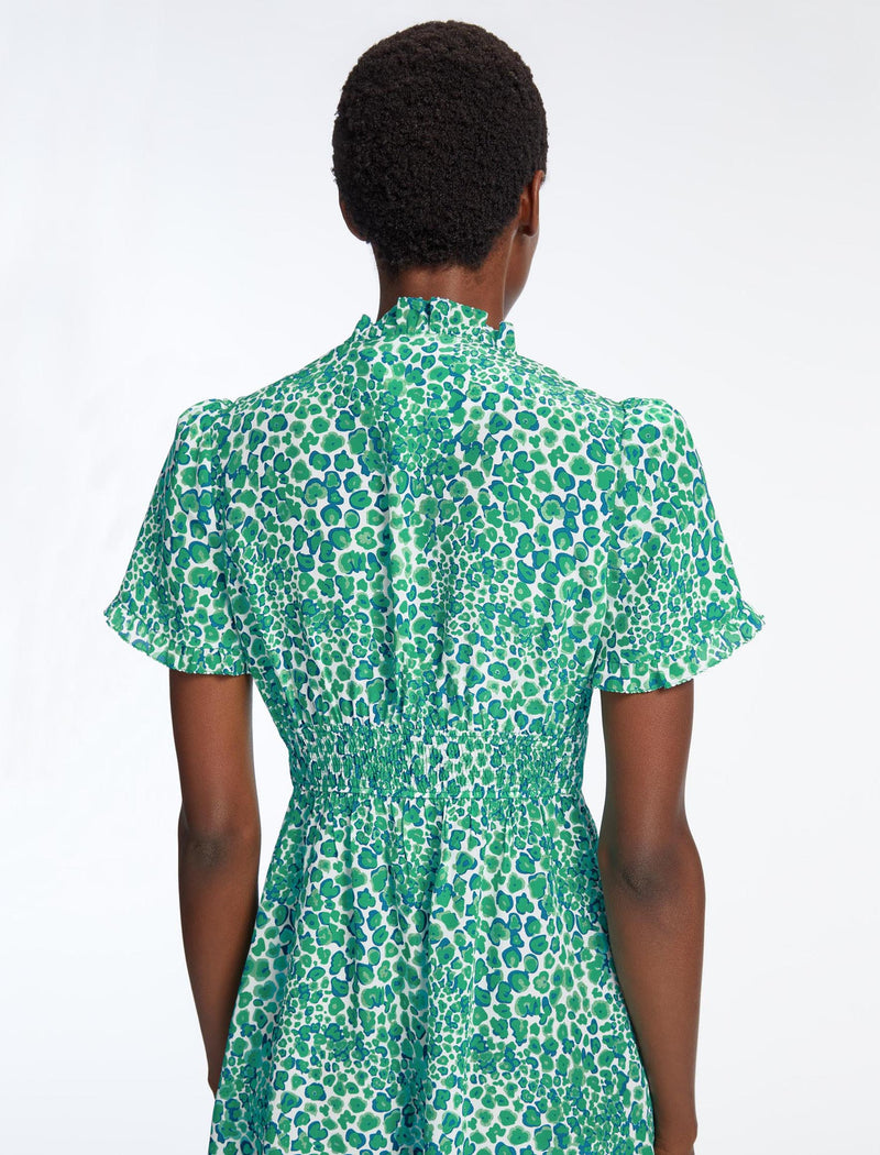 Tabby Silk Dress - White Green Leopard Pansy Print