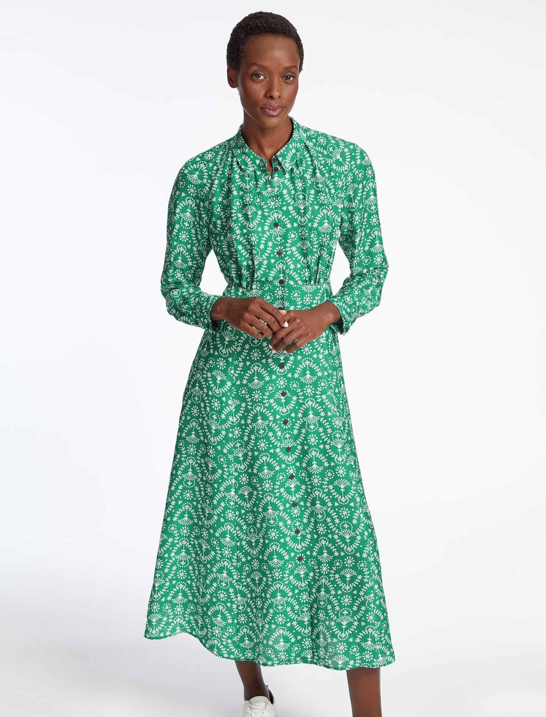 Astrid Silk Blend Reglan Sleeve Maxi Shirt Dress Green Broderie