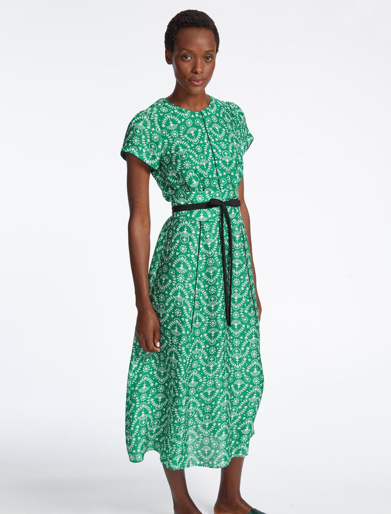Rosie Silk Blend Short Sleeve Maxi Dress with Wide Belt Green