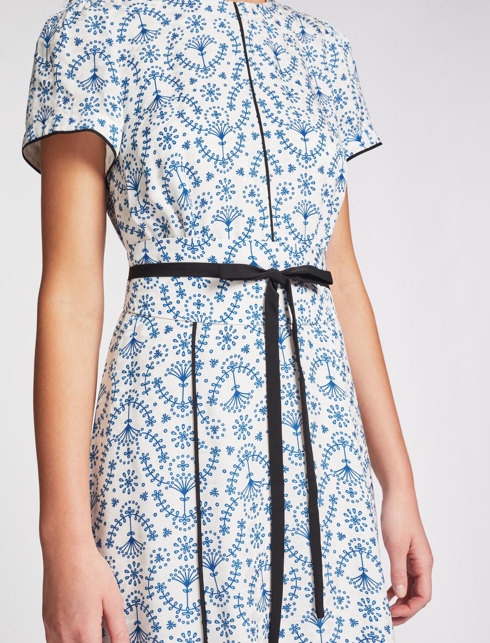 Rosie Silk Blend Short Sleeve Maxi Dress with Wide Belt White Blue Broderie Anglaise Print