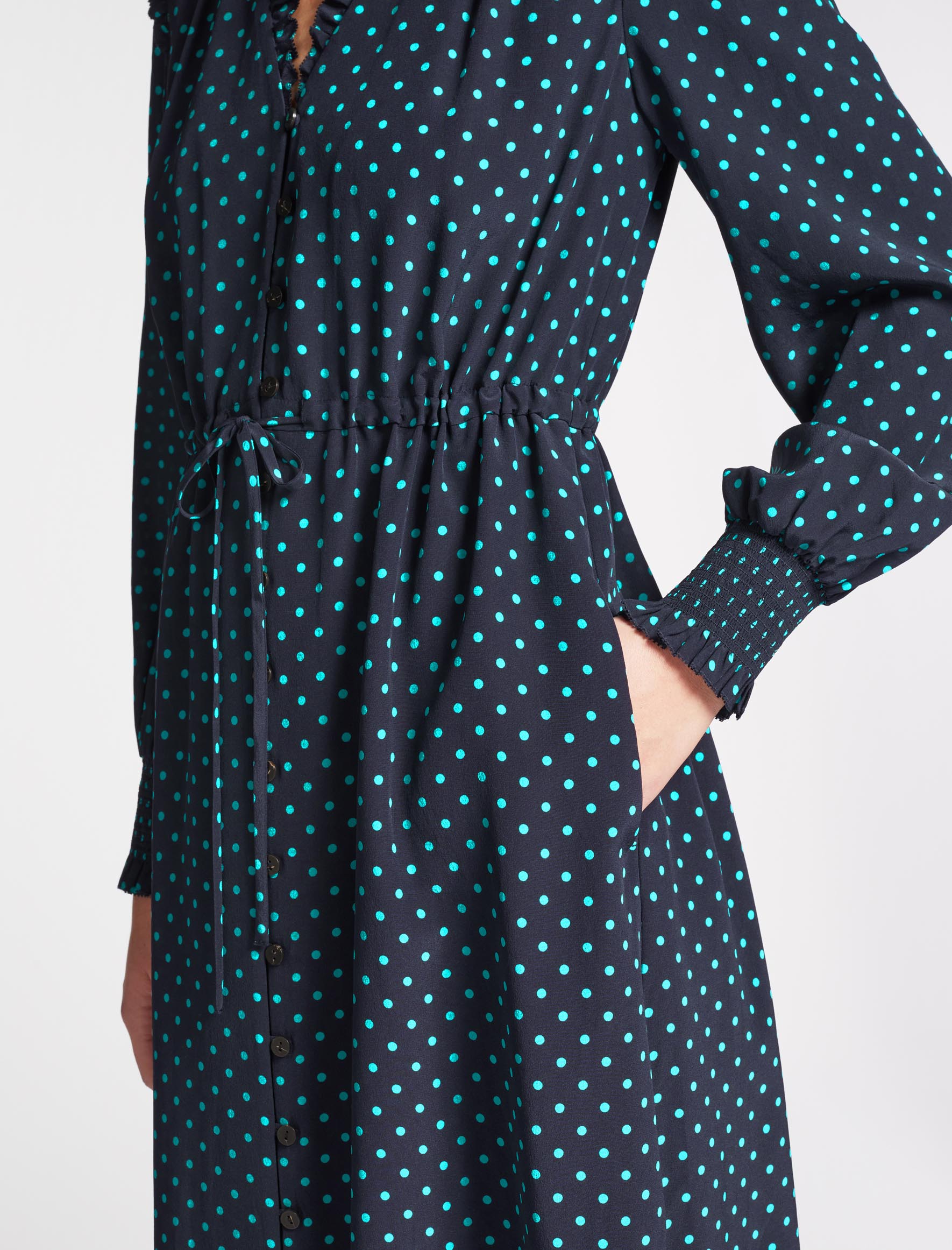 Stella Drawstring Frill Detail Midi Dress Navy Turquoise Polka