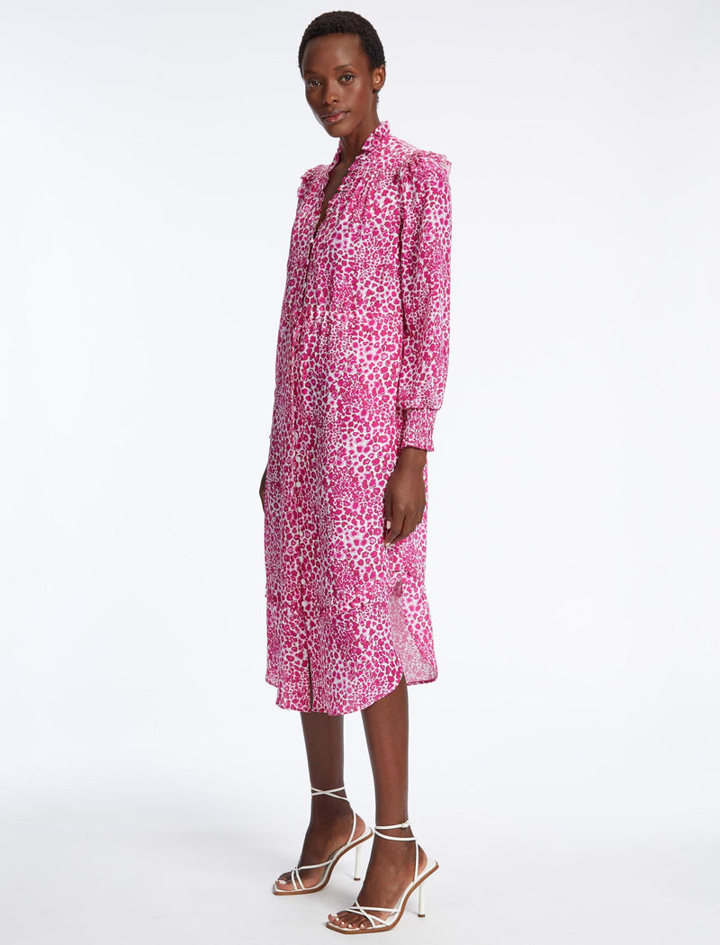 Stella Silk Midi Dress - White Pink Leopard Pansy Print