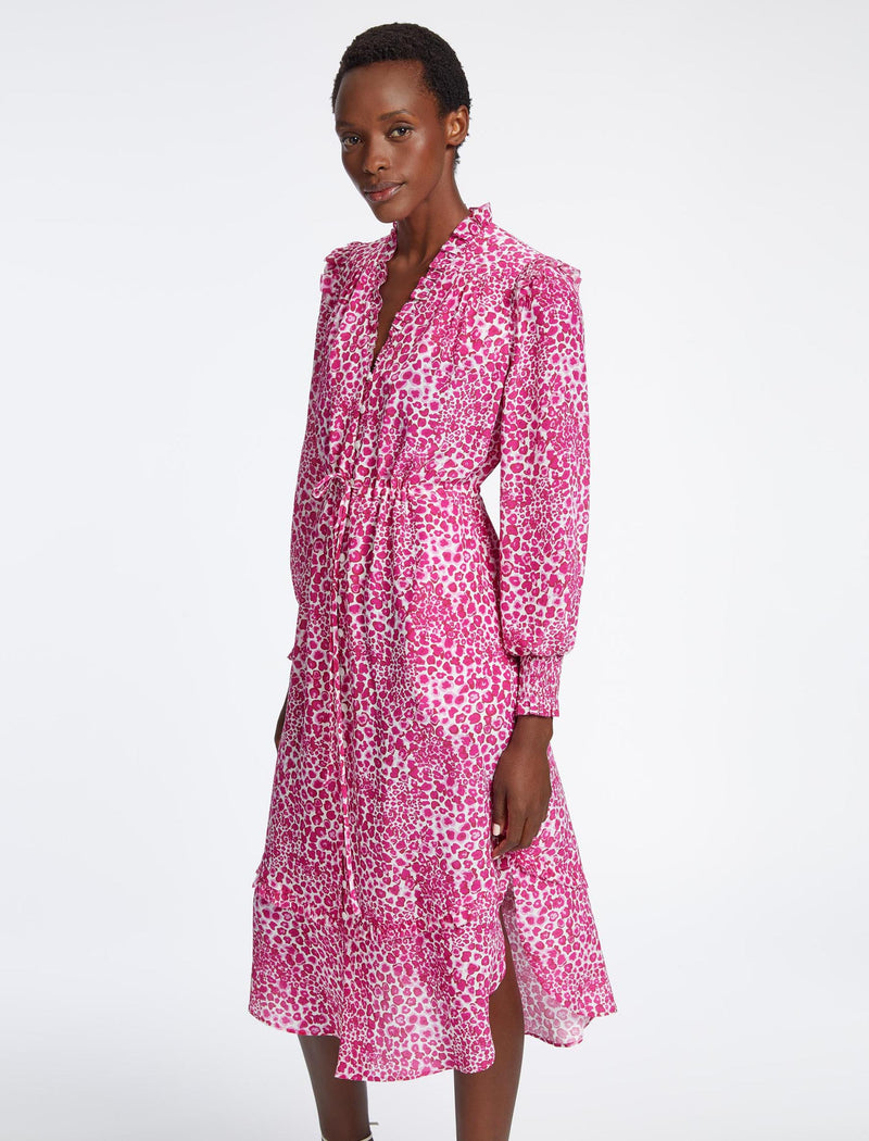 Stella Silk Midi Dress - White Pink Leopard Pansy Print