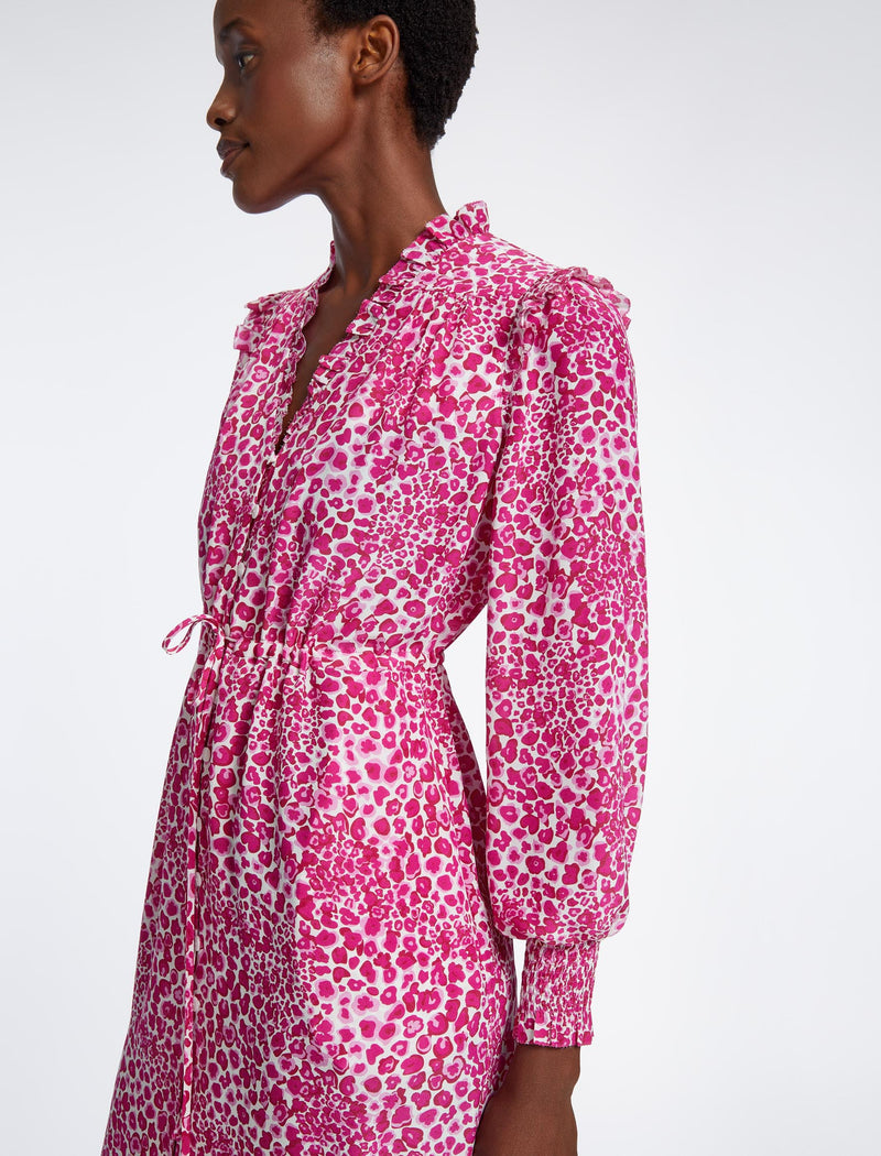Stella Silk Midi Dress - White Pink Leopard Pansy Print