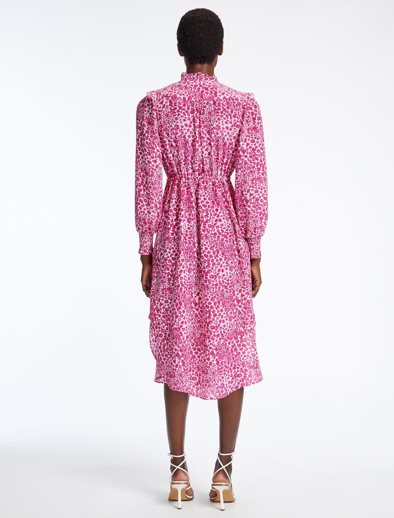 Stella Silk Midi Dress - White Pink Leopard Pansy Print