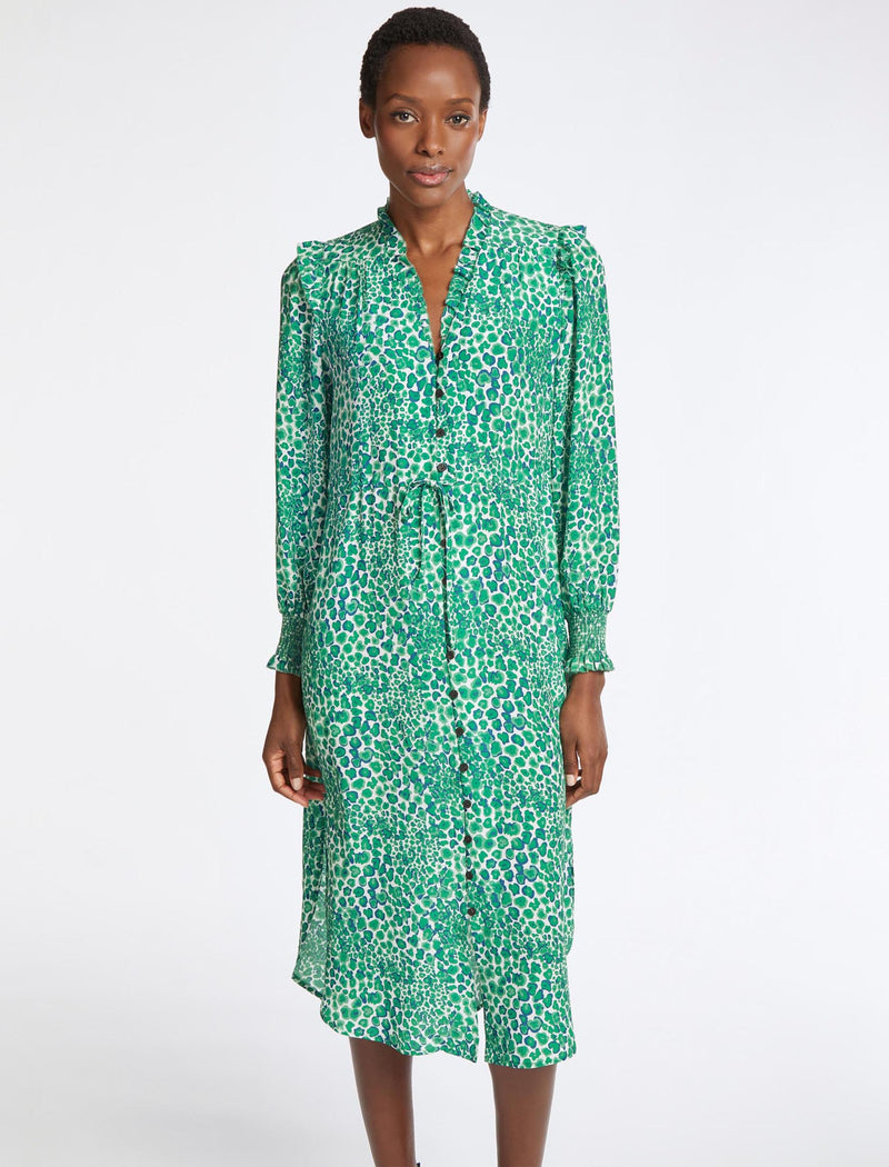 Stella Drawstring Frill Detail Midi Dress White Green Leopard
