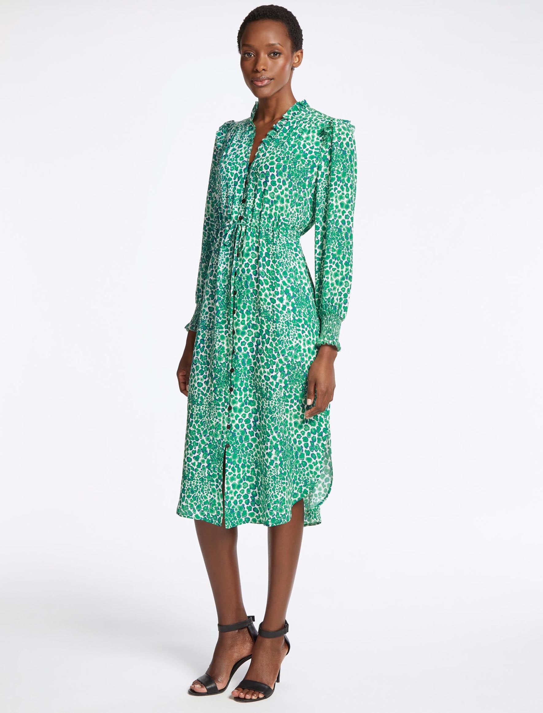 mere og mere Indflydelse spole Stella Drawstring Frill Detail Midi Dress - White Green Leopard Pansy Print