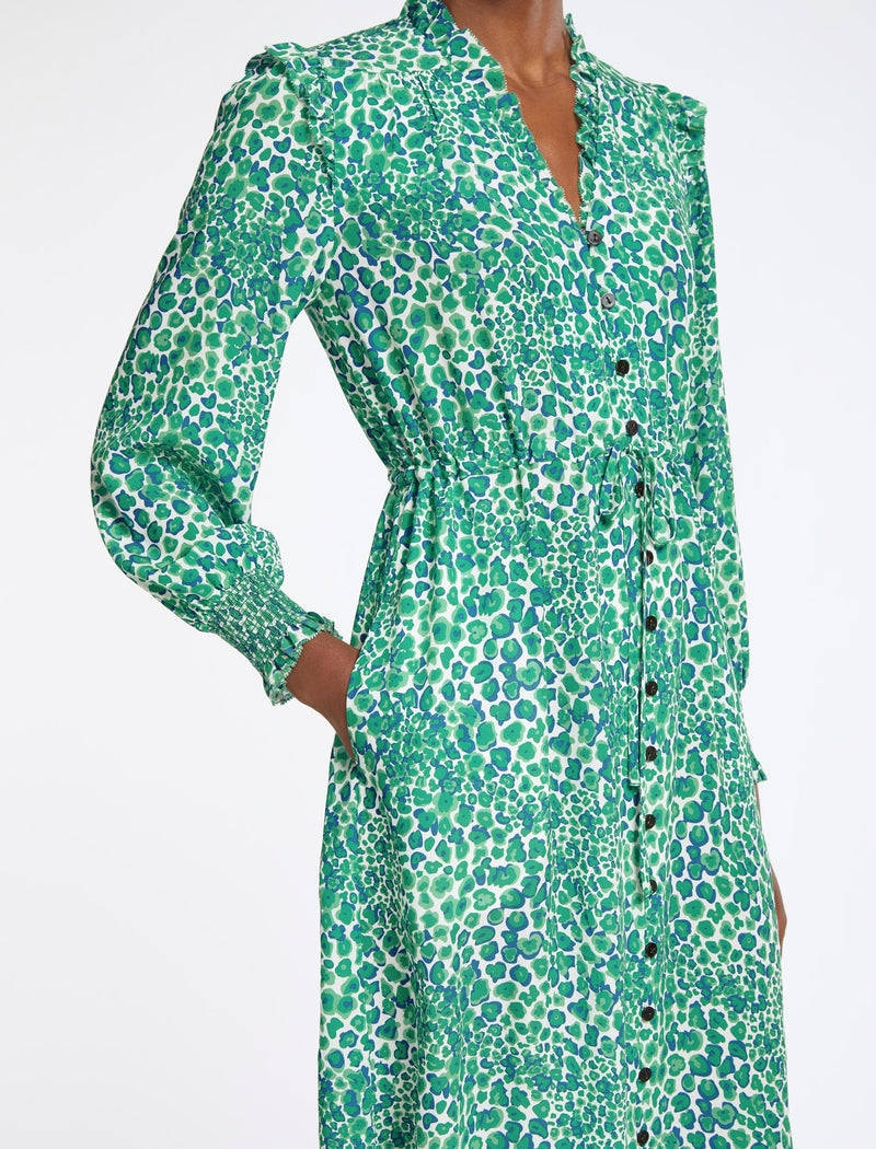 Stella Silk Midi Dress - White Green Leopard Pansy Print