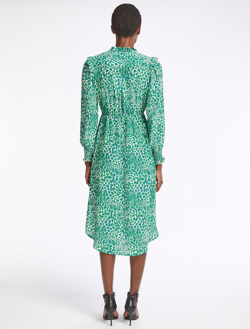 Stella Silk Midi Dress - White Green Leopard Pansy Print