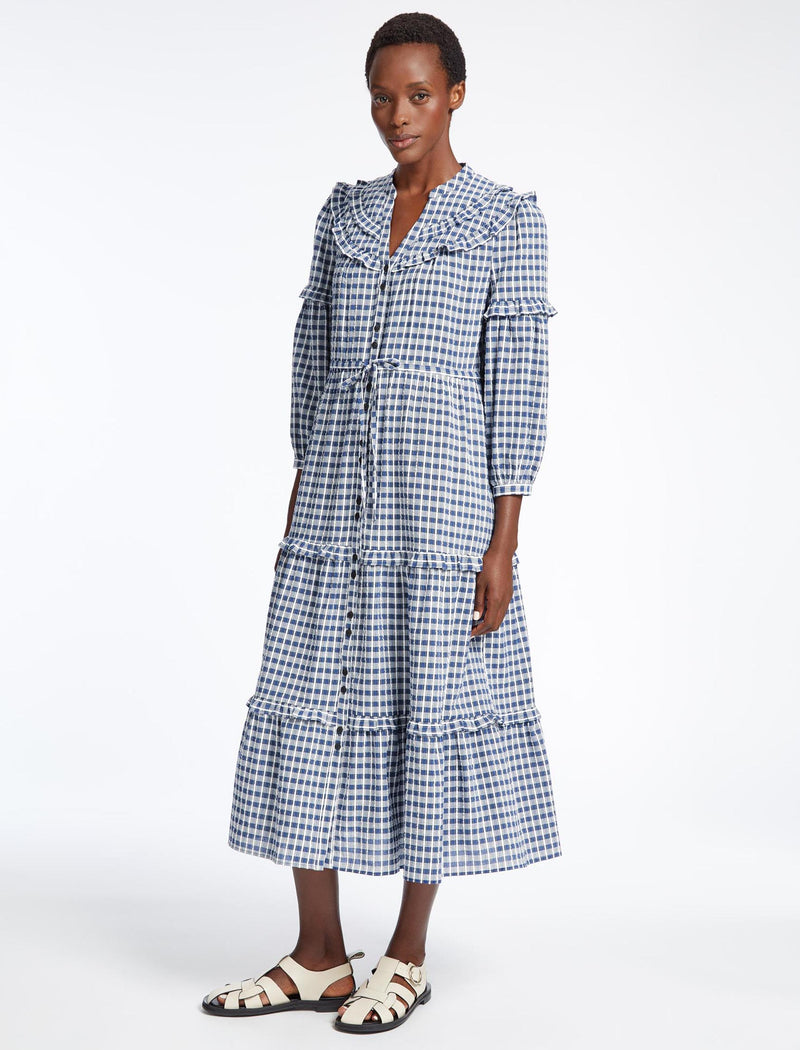 Suki Organic Cotton Seersucker Maxi Dress - Blue White Check