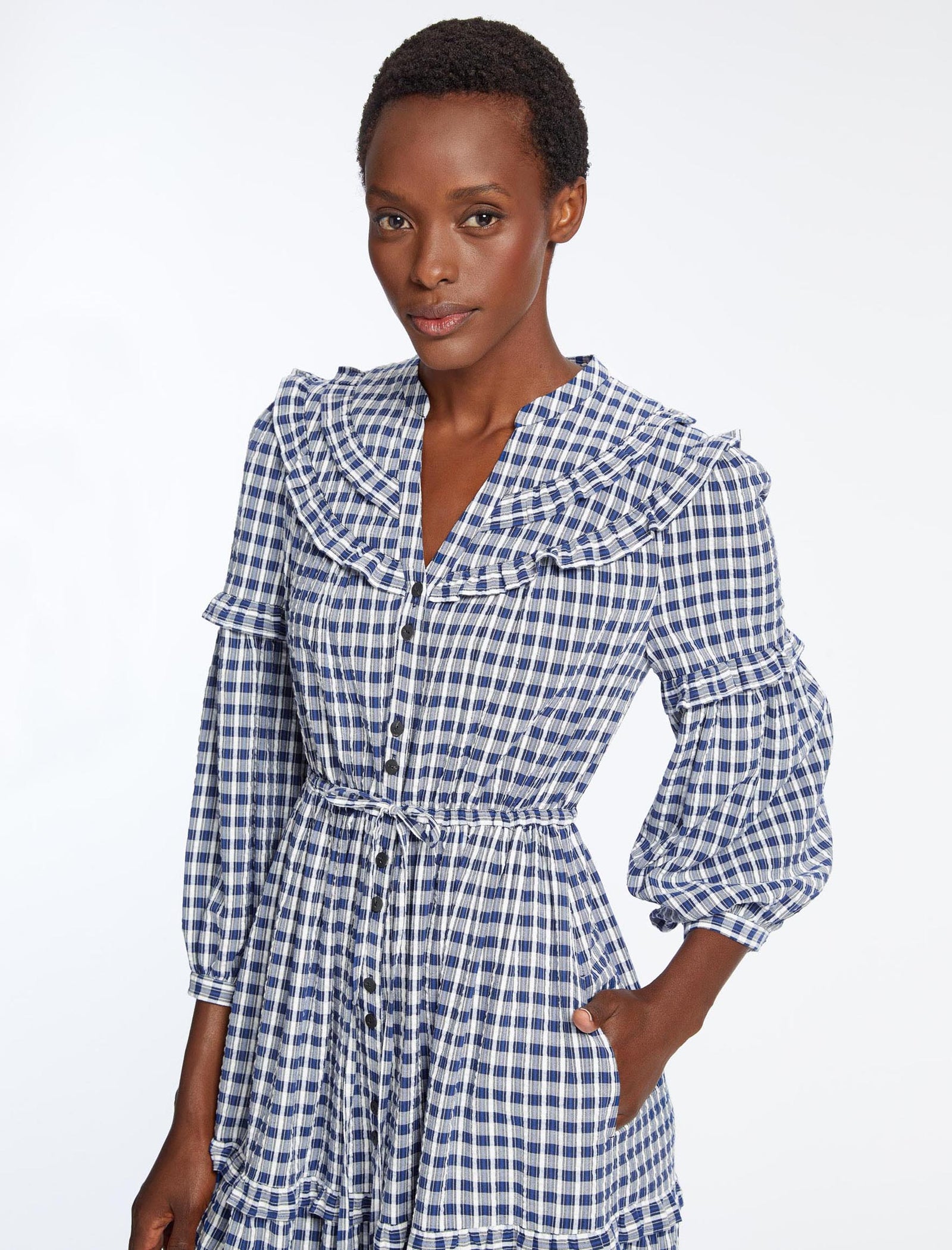 Suki Seersucker Frill Detail Drawstring Maxi Dress Blue White Check