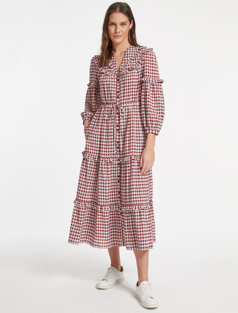 Suki Organic Cotton Seersucker Maxi Dress - Red White Check
