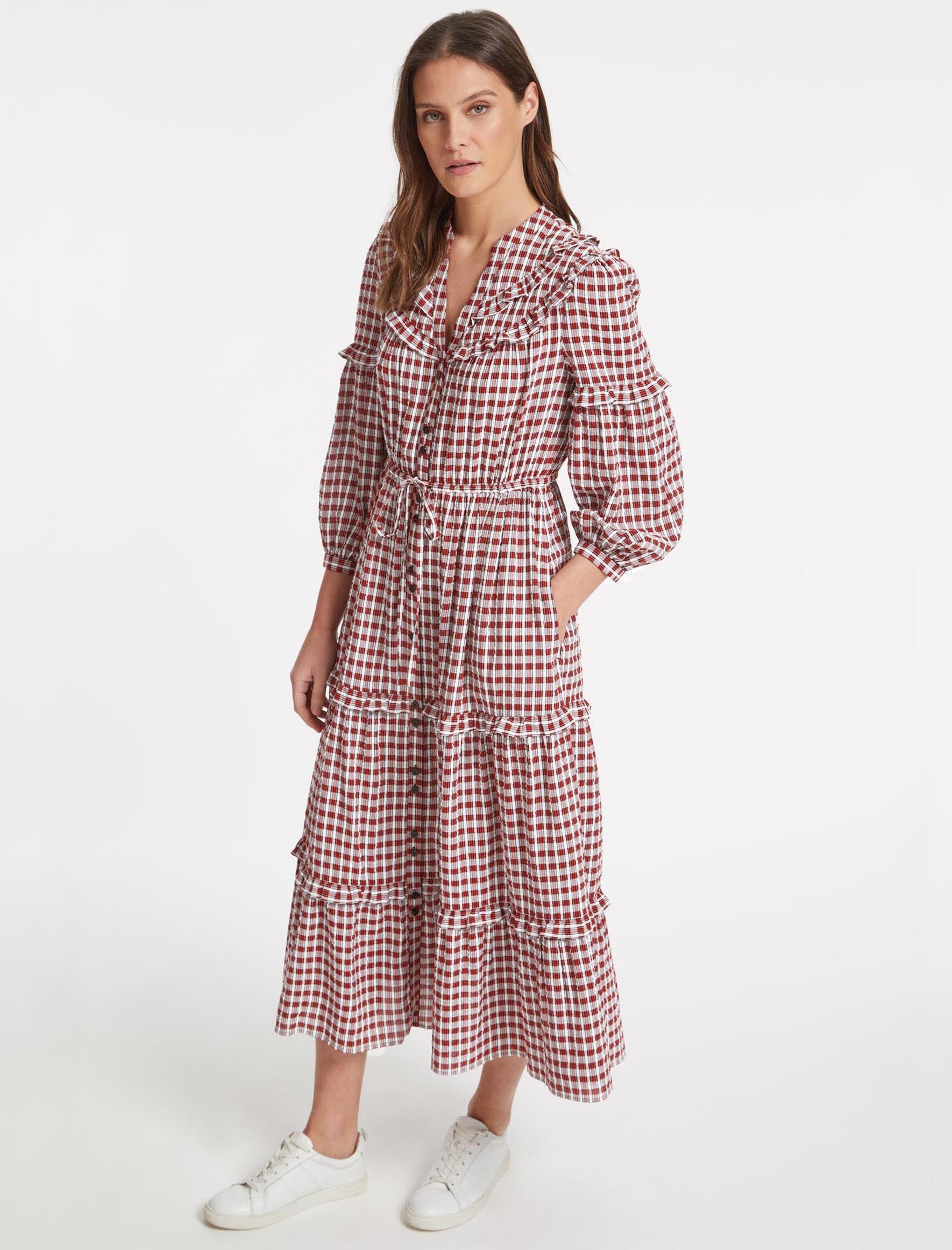 Suki Seersucker Frill Detail Drawstring Maxi Dress Red White Check