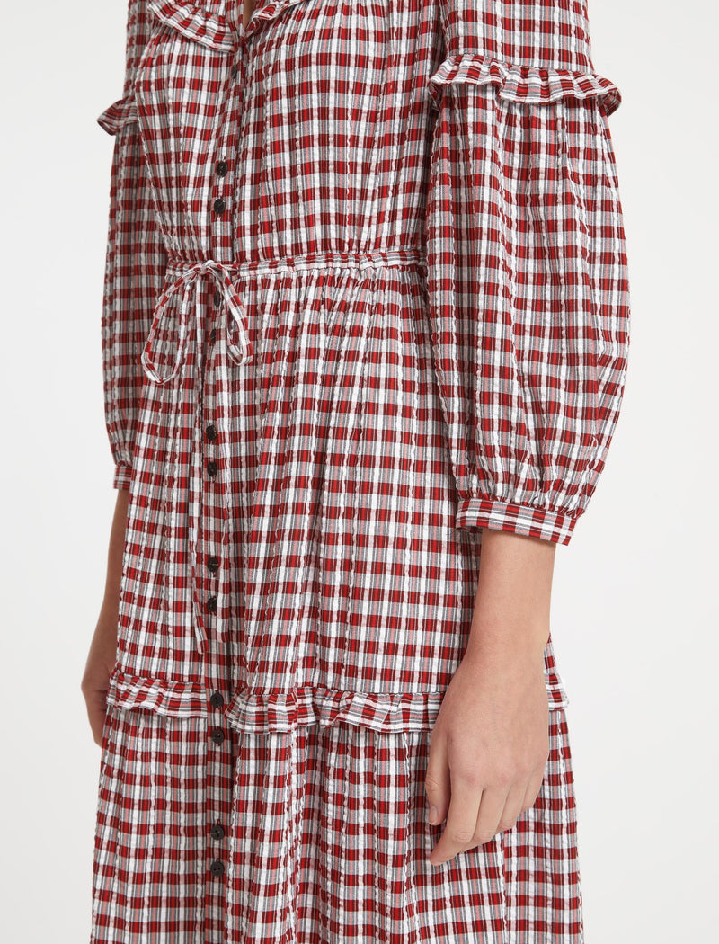 Suki Organic Cotton Seersucker Maxi Dress - Red White Check