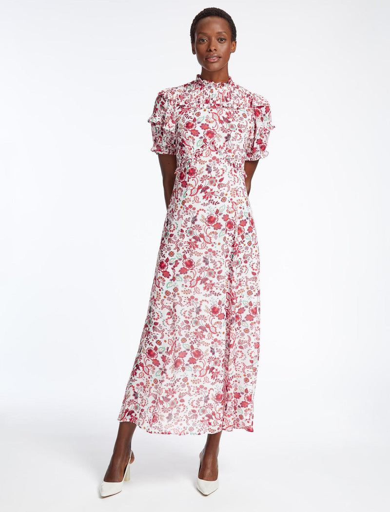 Voletta Floral Printed Ruched Shoulder Detail Maxi Dress - White Red ...