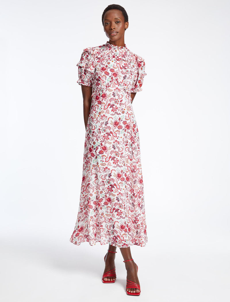 White dress with red flower print online