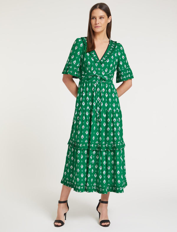 Print Cotton - Tiered Volie Shirred Maxi with Dress Embroidered Sabrina Visose Green Ikat Bodice