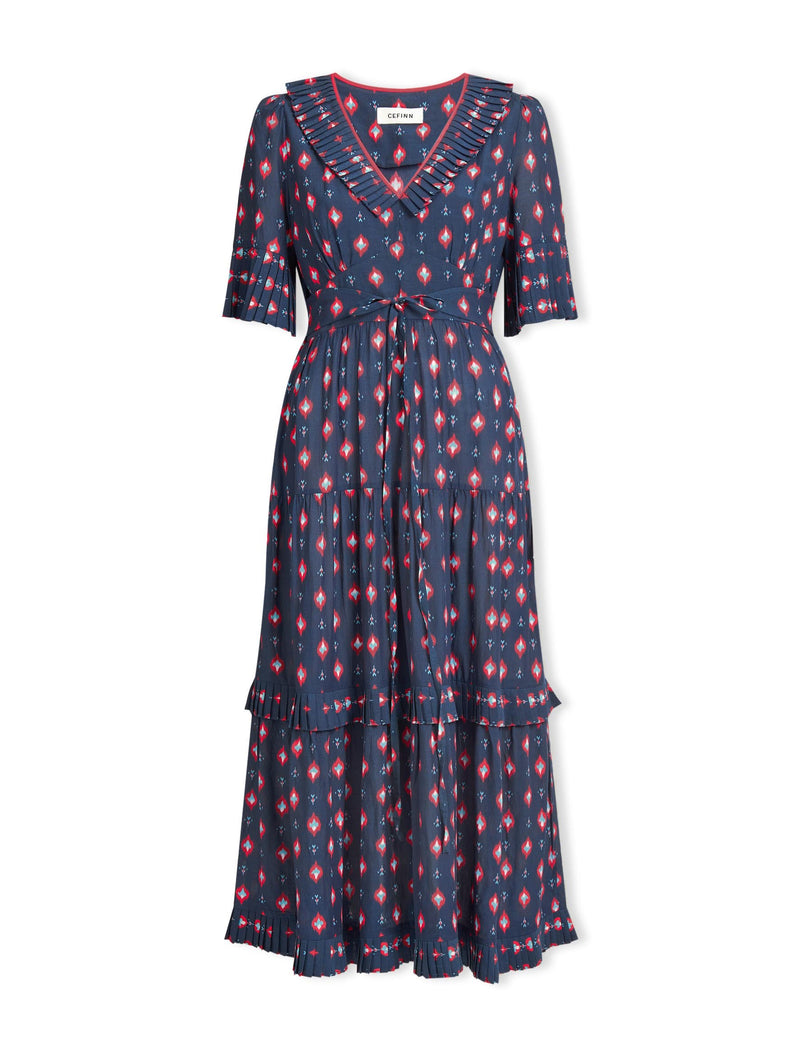 Cordelia Cotton Maxi Dress - Navy Ikat Print