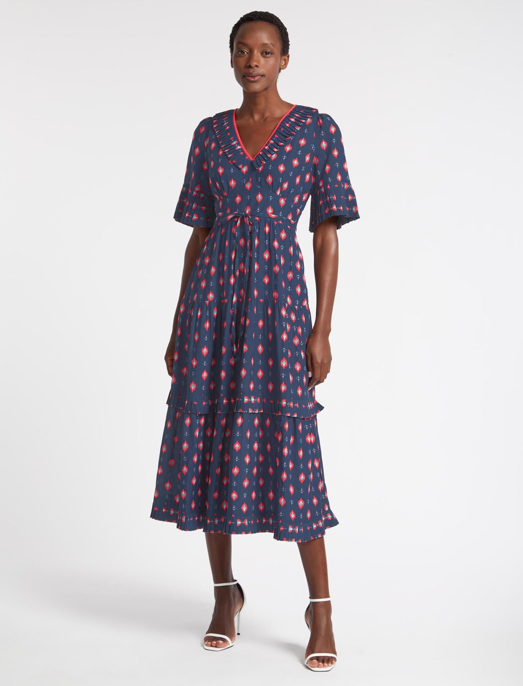 Cordelia Cotton Viscose Voile Knit Pleat Detail Maxi Dress Navy