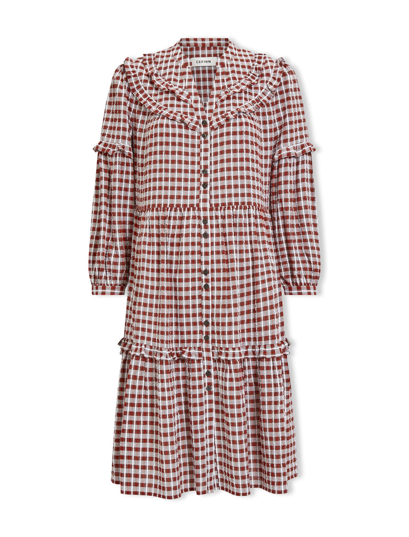 Suki Organic Cotton Seersucker Midi Dress Red White Check
