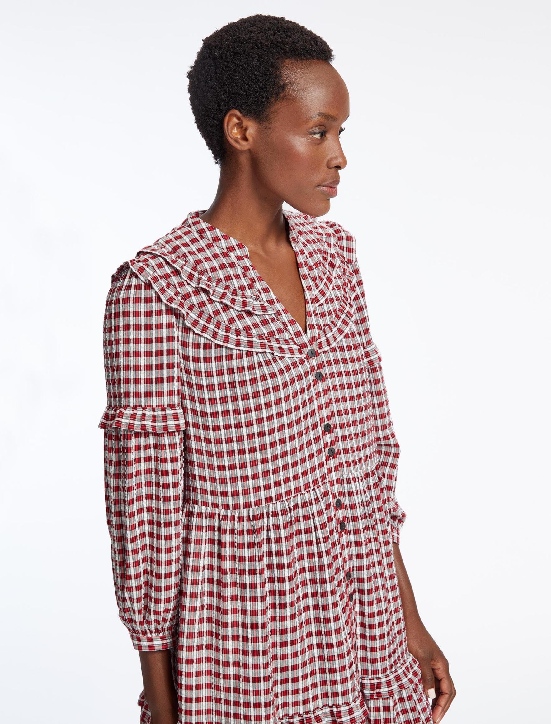 Red check midi dress online