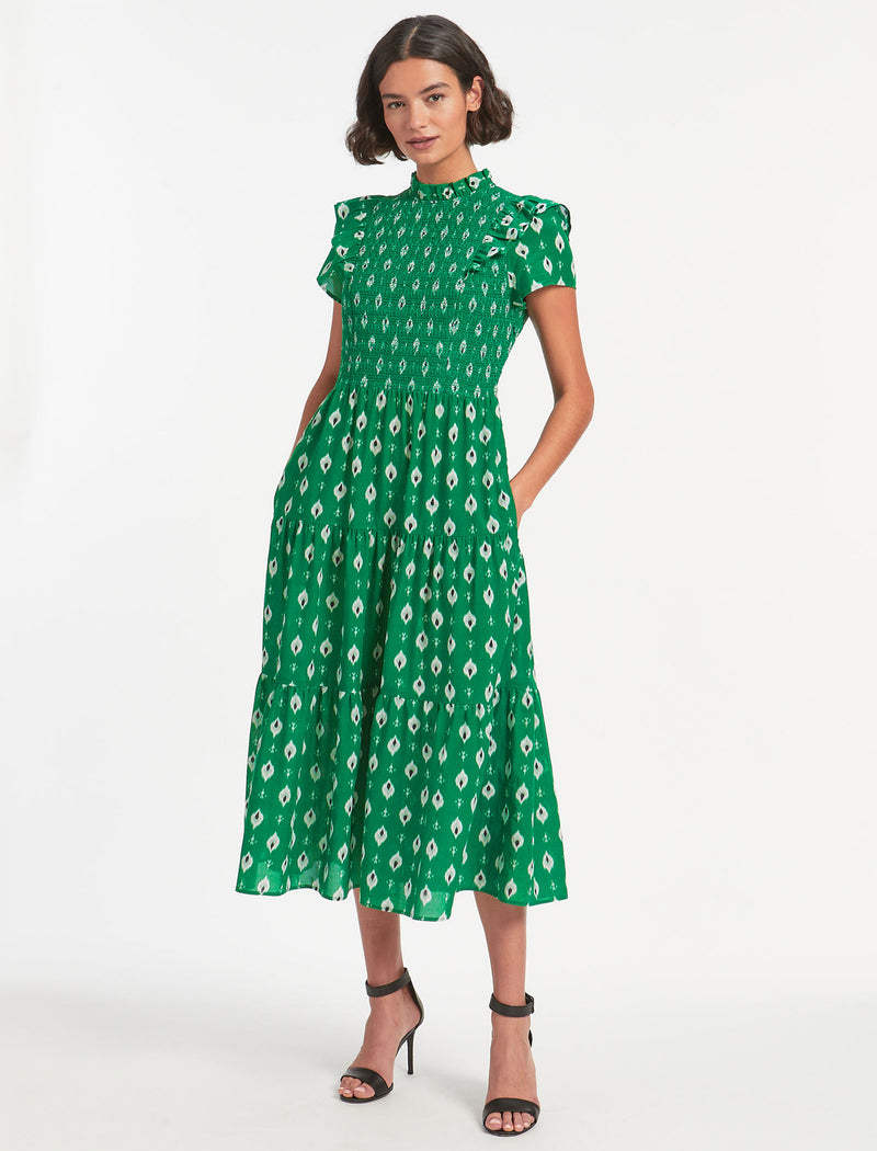 Sabrina Cotton Visose Volie Tiered Maxi Dress with Shirred Embroidered  Bodice - Green Ikat Print