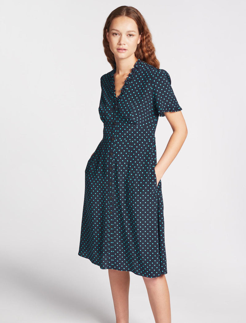 Tabby Silk Dress - Navy Turquoise Polka Dot