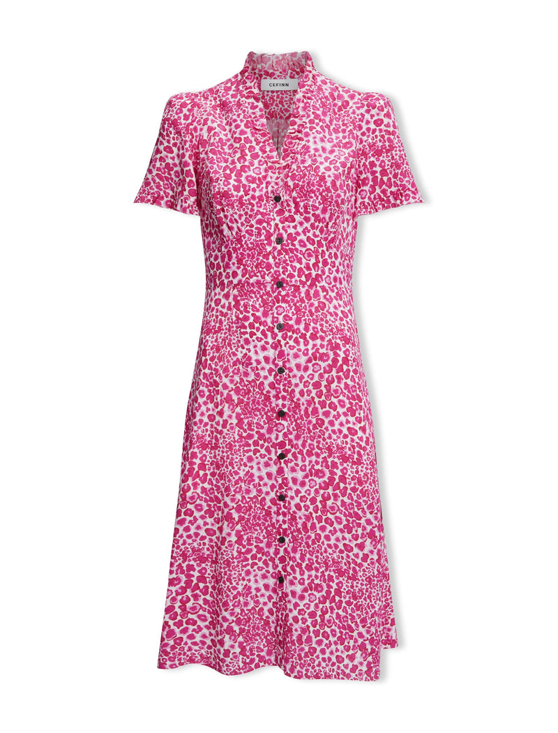 Tabby Silk Dress - White Pink Leopard Pansy Print