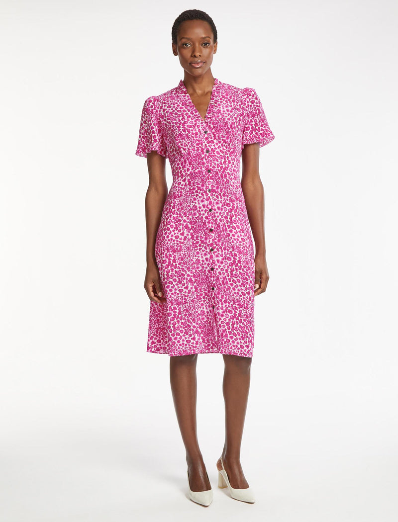 Tabby Silk Frill Detail Tea Dress White Pink Leopard Pansy Print