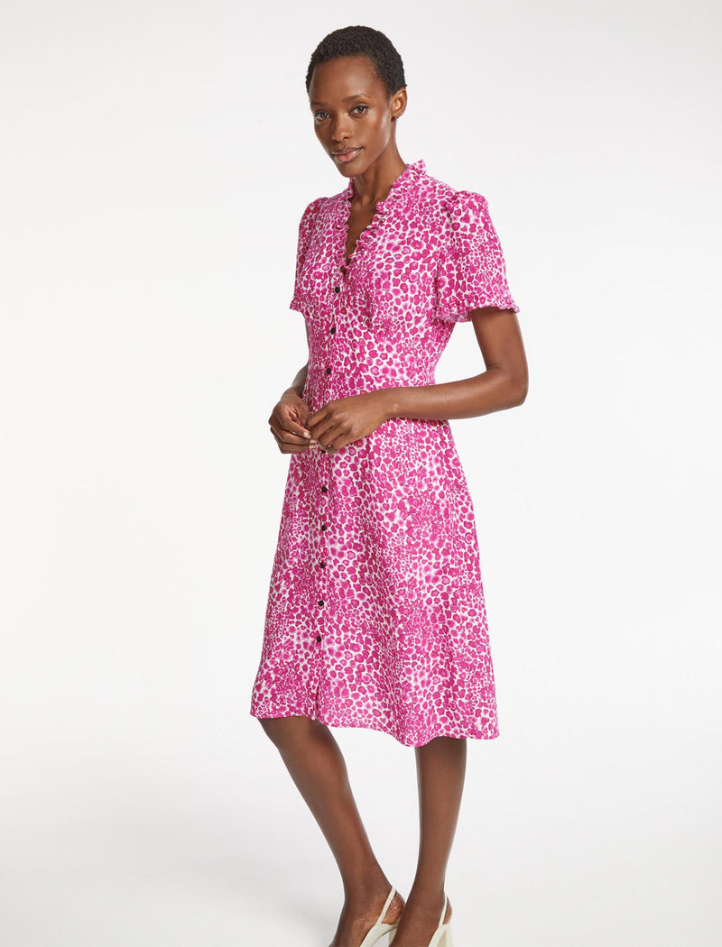Tabby Silk Dress - White Pink Leopard Pansy Print