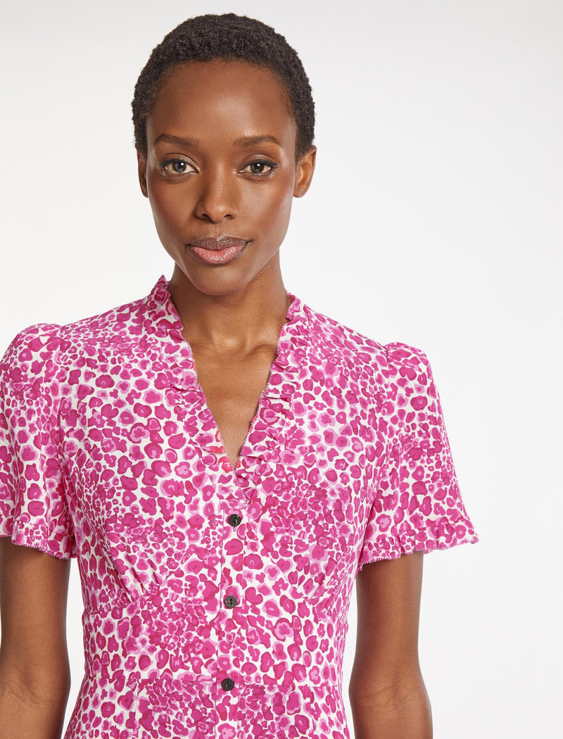 Tabby Silk Dress - White Pink Leopard Pansy Print