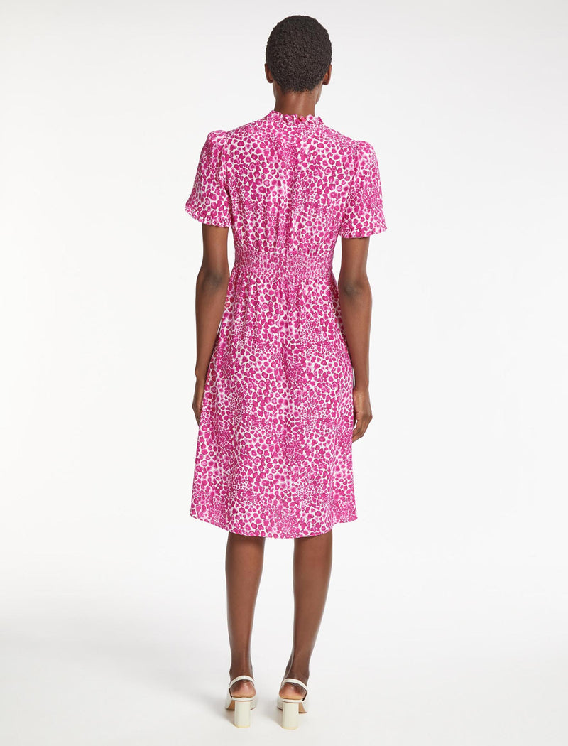 Tabby Silk Dress - White Pink Leopard Pansy Print