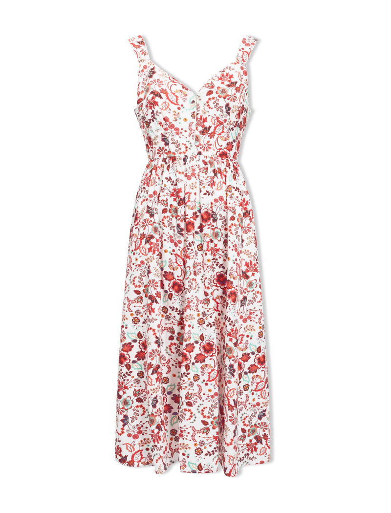Rita Organic Cotton Midi Dress - White Red Large Floral Print
