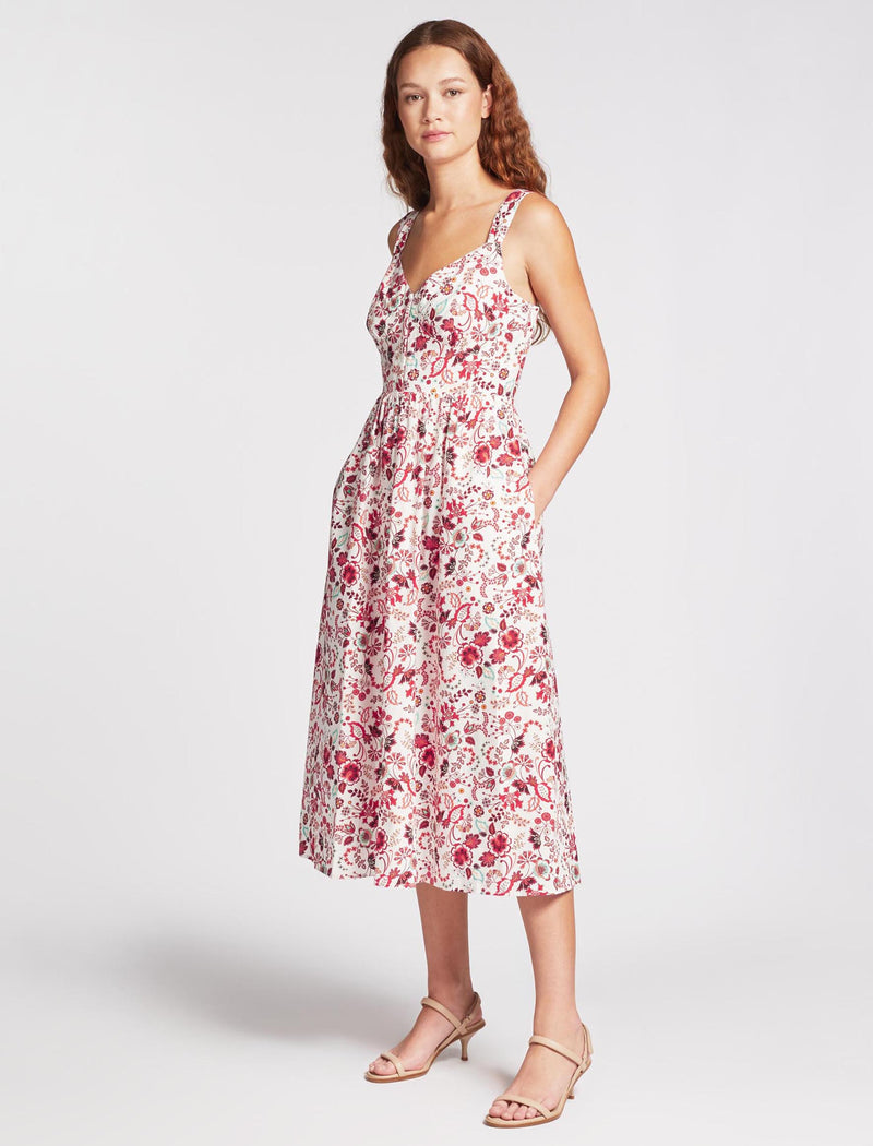 Rita Organic Cotton Midi Dress - White Red Large Floral Print