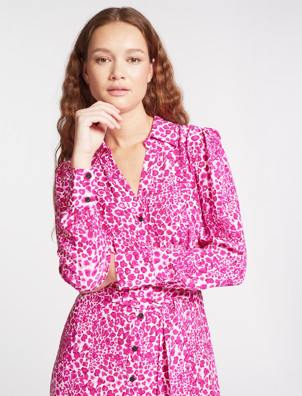 Petra Silk Maxi Shirt Dress - White Pink Leopard Pansy Print